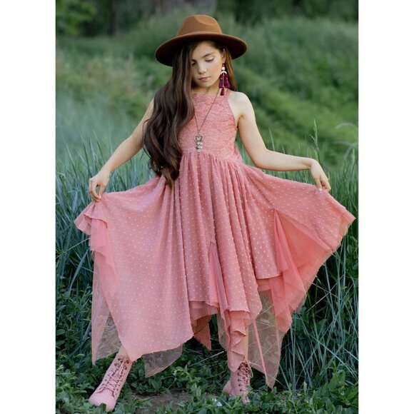 Joyfolie Oliviah Ashe Rose Dress W/ Lace & Polka Dots Handkerchief Hem Sz 7